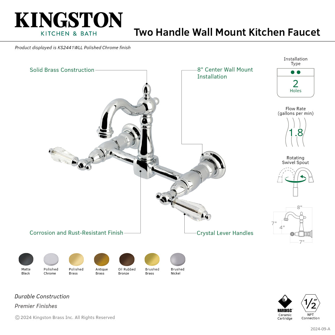 Kingston Heirloom KS2441WLL - Willshire Two-Handle Wall Mount Bridge Kitchen Faucet, Polished Chrome — thumbnail 2